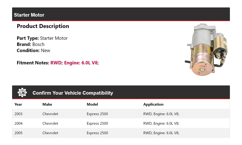 Para Chevrolet Express 2500 2003-2005 6,0 L V8 tracción trasera Bosch arranque (nuevo) 2004 Foto 2 de 4