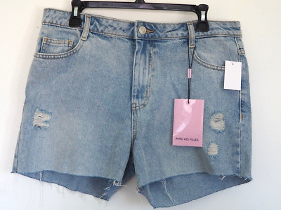 Avec Les Filles Light Blue Denim Raw Cut Off Distressed Hem Jean Shorts Size 30