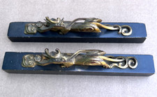 2 Antique Chinese Carved Wood Lacquer Gilt Dragon Scholars Scroll Weights Qing