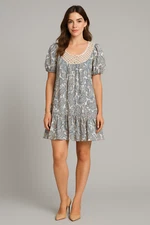 Lucky Brand Dress Womens M White Blue Puff Sleeve Paisley Flow Boho Tunic Short