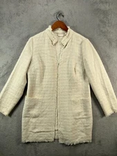 CHICOS 1 Womens Ivory Tweed Jackets Long Line Blazer Open Fringe Size Medium 8