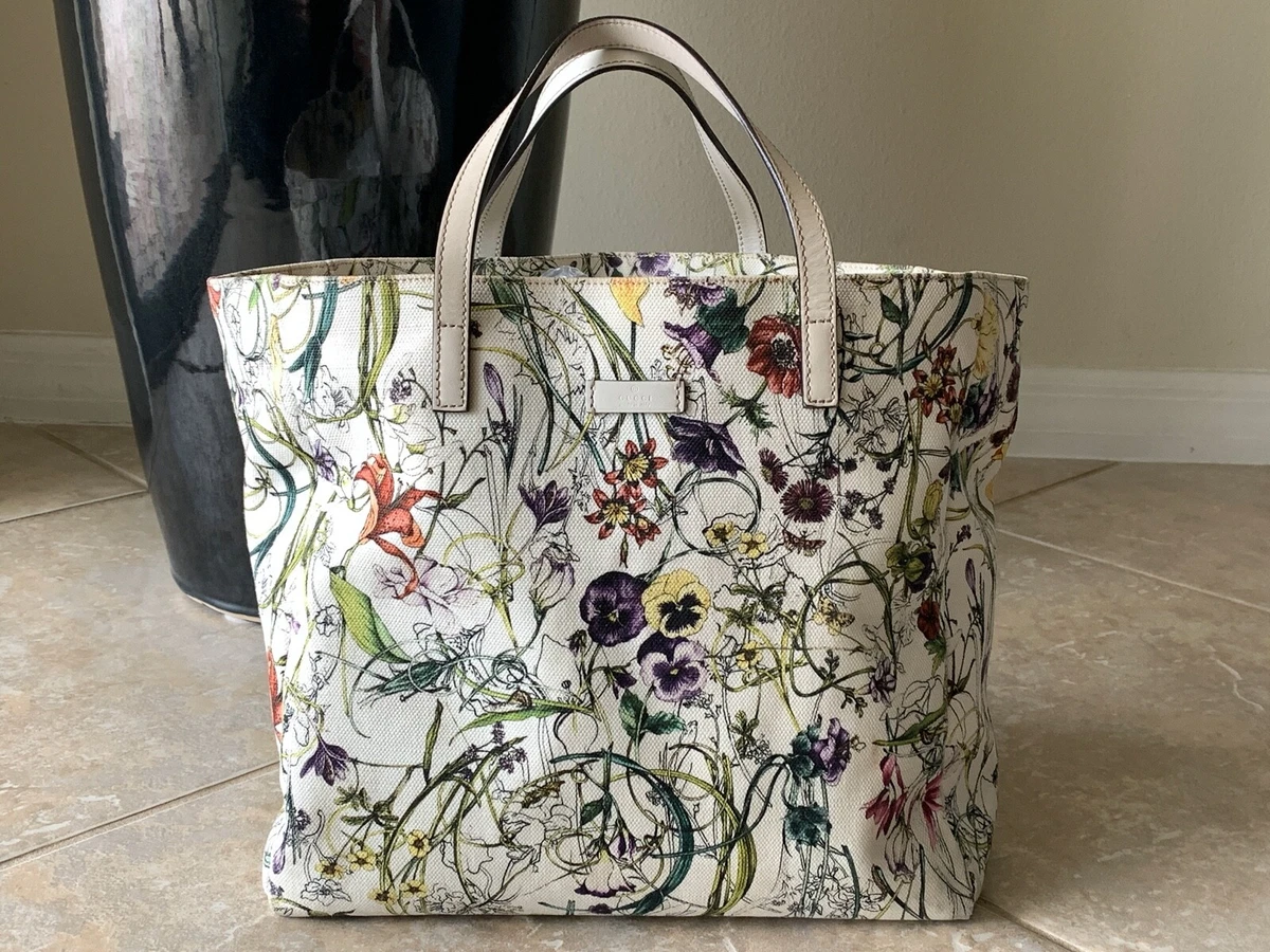 Gucci Floral-print Logo Tote Bag in White –