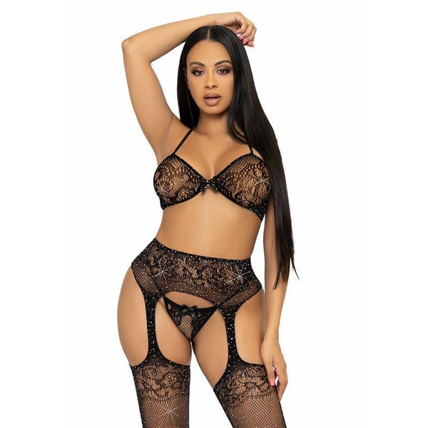 Sexy 3-Tlg Leg Avenue Damen Dessous-Set Mit Strass Schwarz 34/36/38 #GW1261-image