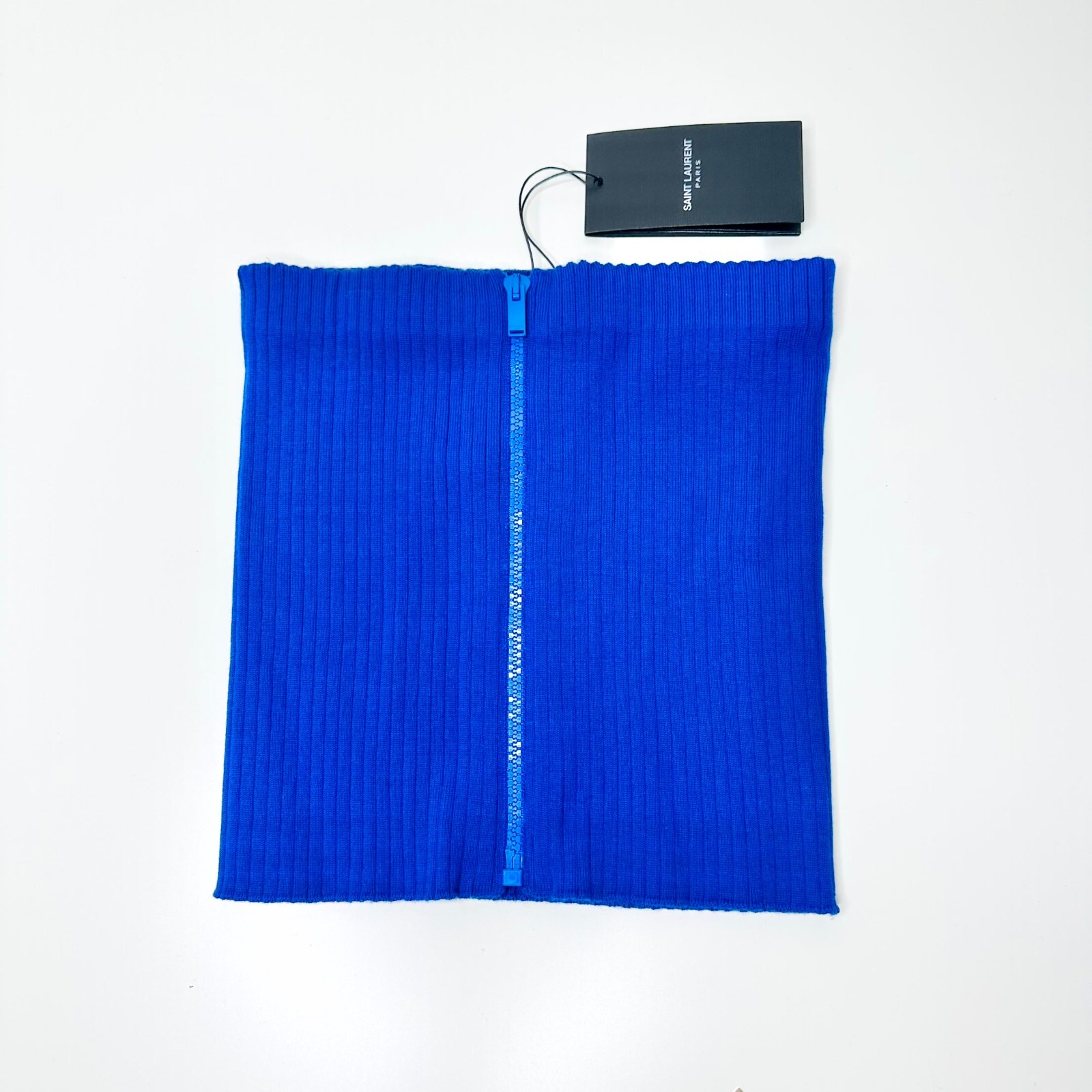 Top YSL Saint Laurent taglia M maglia a costine senza spalline zip davanti blu nuovo con etichette $690