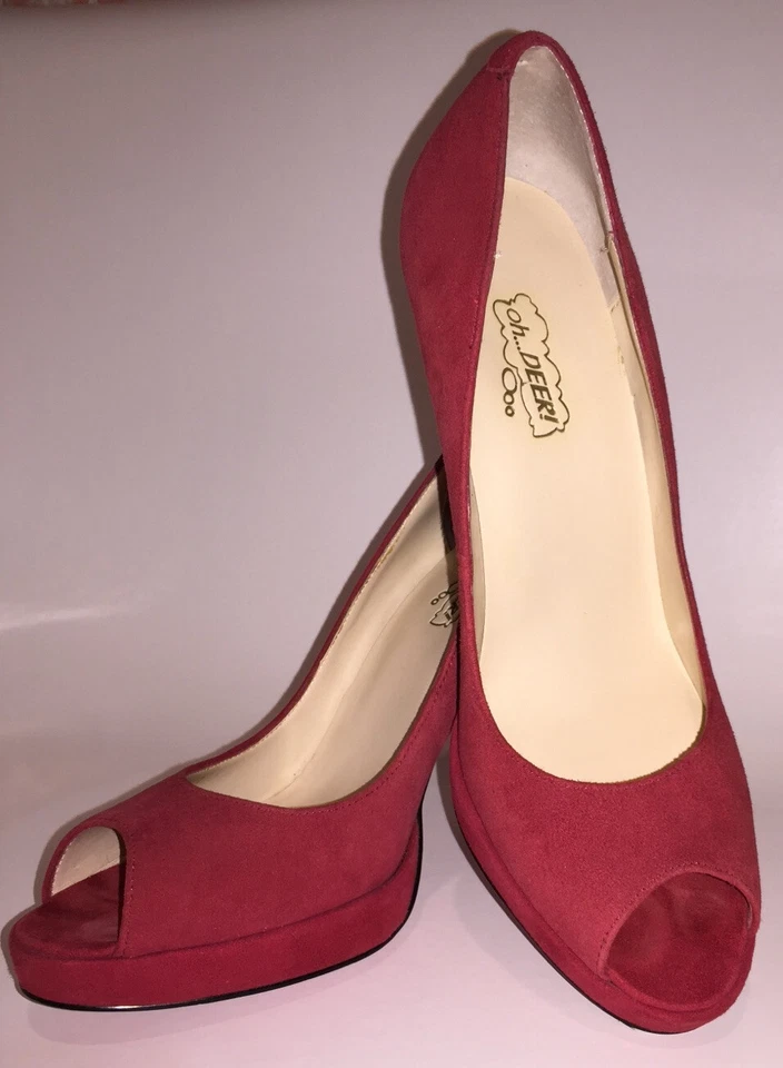 EUC, OH DEER! Red Suede Platform, Peep toe Pumps, High Heels - Image 4 of 4