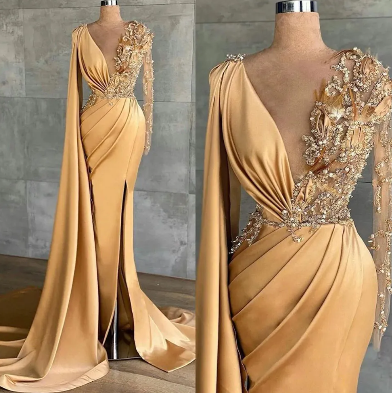 champagne prom dress accessories Champagne Gold Off-shoulder Lace Top A-line Side-slit Long Prom Dress, SposaBridal