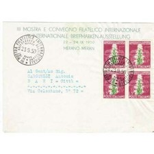 1950 TABACCO 5 L. AMARANTO E VERDE n.629 IN QUARTINA SU BUSTA US.