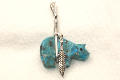 Native American Hand Carved Turquoise Bear & Sterling Silver Feather Pendant