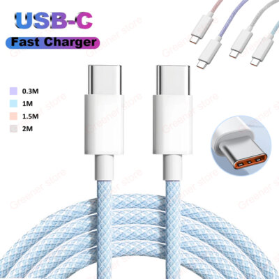 60W Dual Type-C Charger USB-C to USB-C Cable 3A Data Sync Fast Charging 1M 2M