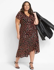Lane Bryant 18 Surplice Frilly Ruffled Fitted Midi Dress Haley Floral Gold Dot