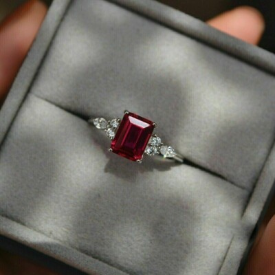 1.50Ct Emerald Cut Simulated Pink Ruby Engagement Ring In 14K White Gold Plated