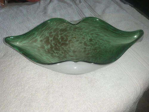 VTG 60s MURANO Biomorphic Gold Aventurine Sommerso Green White Art Glass Bowl