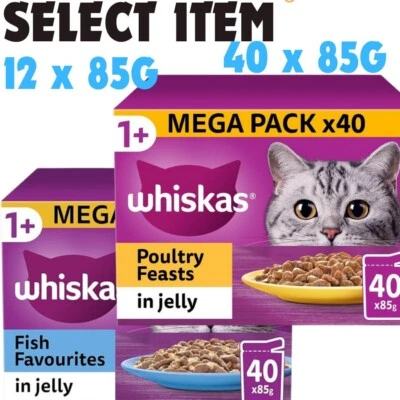 40 x 85g Whiskas 1+ Poultry Feasts Mixed Adult Wet Cat Food Pouches in Jelly