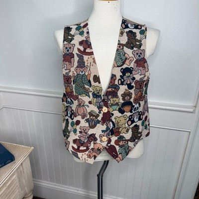 Facets by Mirrors Vintage Teddy Bear Tapestry Vest Medium Multi Color Made USA