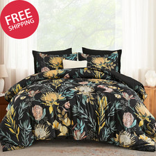 Black Floral Queen Comforter Set 7pc Bedding Complete Sheet Set Flower Pattern