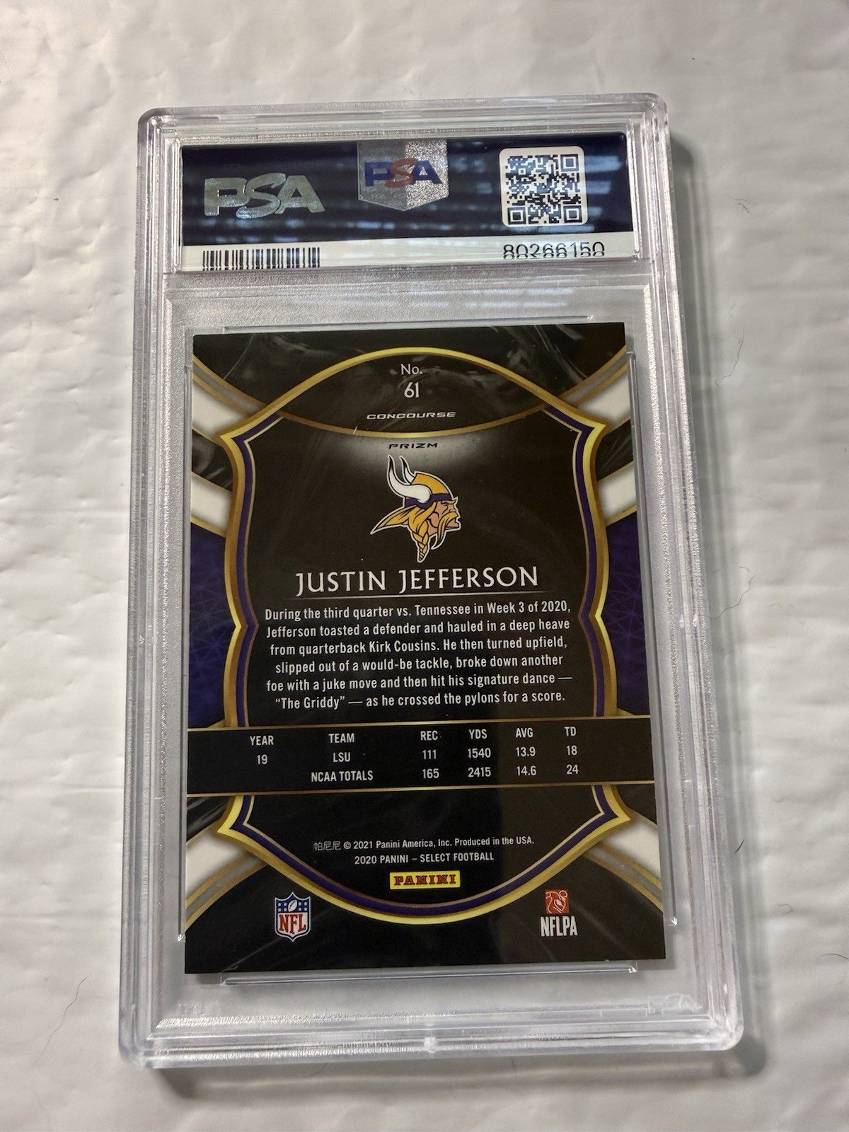 2020 Panini Select Justin Jefferson Silver Prizm Rookie RC #61 PSA 9 view 3
