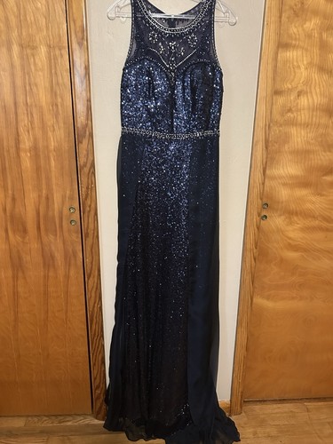 Elizabeth K GL S Navy Beaded Sequin Chiffon Long Formal Dress, Size L
