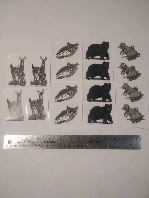 Woodland Animal Sticker Lot Sheets - Deer Owl Bear Raccoon, Black Gray White