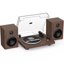 Vinyl Record Player with 24W Bookshelf Speakers Powerful Bass , HiFi Brown