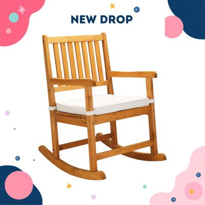 Outdoor Wooden Rocking Chair with Cushion Weatherproof Patio Bench Teak 550LB