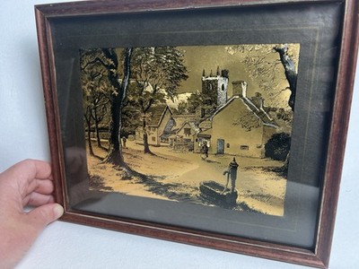 Vintage Folienkunst Dorf Szene gerahmt - Metallic Gold Landschaft Kirche Landhaus