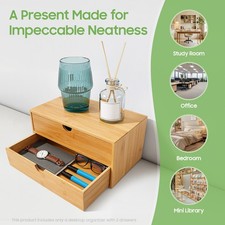 Bamboo Desk Organizer -Tabletop Mini Bamboo Desk Drawer Storage Box w/ 2 Drawers