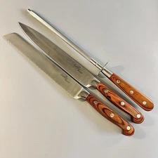 3 Vtg Sabatier Loire Knives Wooden Handle Stainless Chef Carving Bread Knife