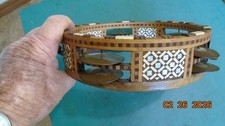 Vintage FANCY Wooden TAMBOURINE 8 1/2" Double Row Metal Jingles Folk Precussion