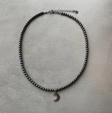 HEMATITE Beads & Stainless CRESCENT Moon Pendant Unisex Choker Necklace 16.5”