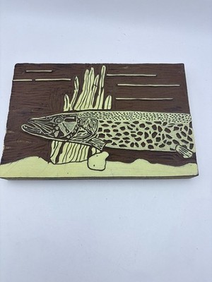 Northern Pike Etched/Carved into Particle Board Print Block Decor 9''x6''