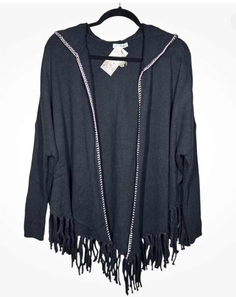 Johnny Was Medium Fringe Poncho Cardigan Black Hooded Sweater Tag Price $398