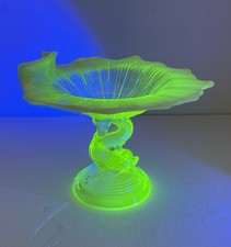Vtg Northwood Yellow Vaseline Glass Dolphin Kai Pedestal Lily Pad Compote