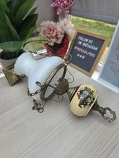 Vintage Porcelain & Brass Hanging Oil Lamp – Fox Hunt Scene -- Milk Glass Shade