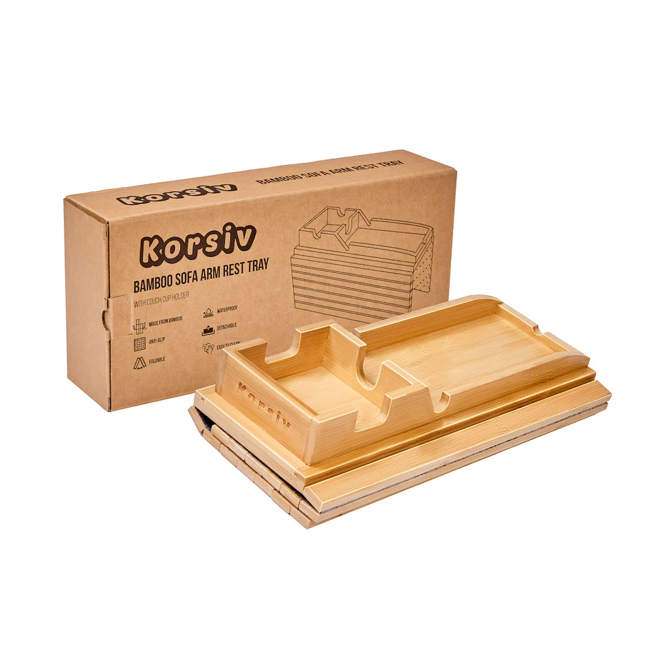 Korsiv Bamboo Couch Arm Table - Couch Arm Tray with Extra Removable Tray Durable - Image 3 of 4