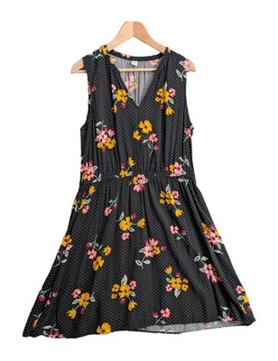 Old Navy Damen Blumen 100% Viskose Kleid schwarz gelb rosa Größe L 37 Zoll Länge