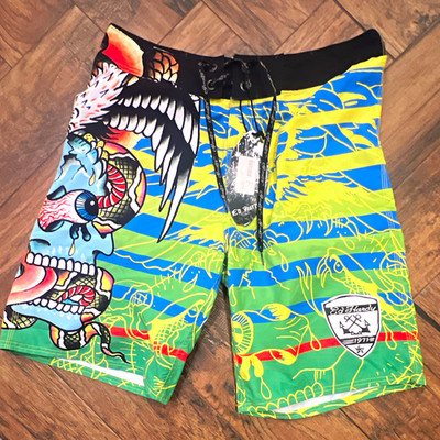 Ed Hardy Men s Striped Skull Board Shorts Swim Trunks Drawstring Size 36