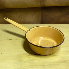 Vintage Enamelware Sauce Pan Speckled gold Brown Trim Rustic Kitchen Cookware