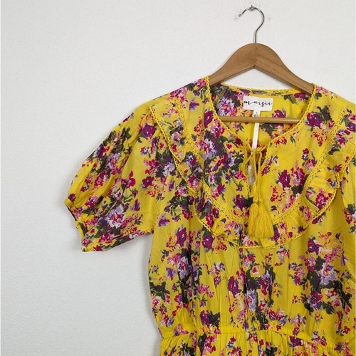 New Maisie Womens Dress Yellow Puff Sleeve Tie Neck Floral Mini Cotton Size L - Picture 4 of 9