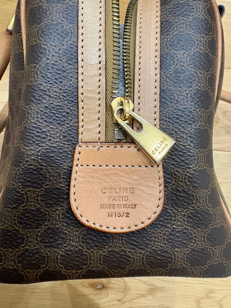CELINE Vintage Macadam Pattern Mini Boston Bag Brown Leather
