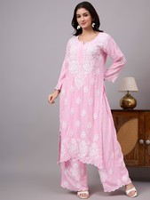 Baby Pink Modal Chikankari Kurti Palazzo Set, Ethnic wear