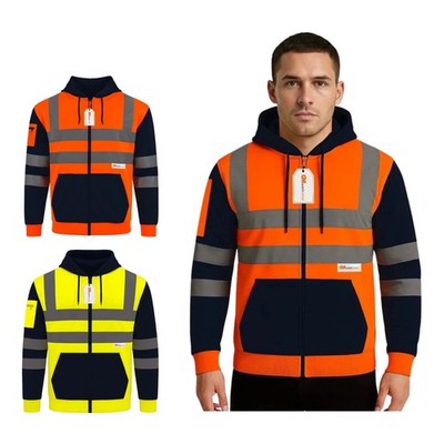 Hi Vis Hoodie mit durchgehendem Reißverschluss Klasse 3 reflektierend, 300 g/m² Fleece Sicherheit Arbeitskleidung Jacke