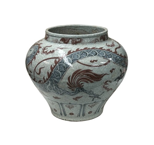 Oriental Off White Crackle Base Blue Red Dragon Ceramic Art Vase Jar ws4658 - Picture 5 of 13