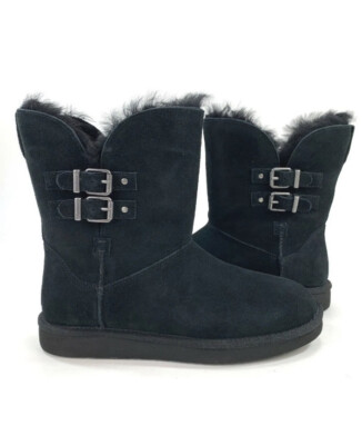 UGG WARM CLASSIC RENLEY BLACK LEATHER/ SHEEPSKIN BUCKLE BOOTS, US 6/ EUR 37  ~NIB - Main Image