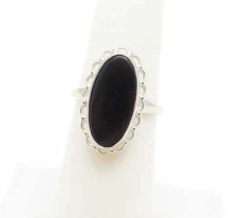 10K White Gold Oval Black Onyx Bezel Set Sculpted Ring Size 5 3/4 - Picture 2 of 5