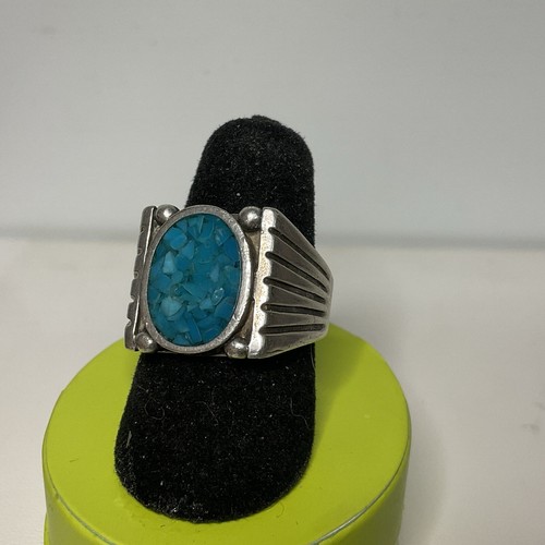 Anello Vintage Nativi Americani Navajo Crush Turchese Argento Sterling Misura 7 - Foto 4 di 14