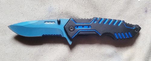 Single Blade Smooth and Serrated Pocketknife Blue Black Metal Free Shipping
