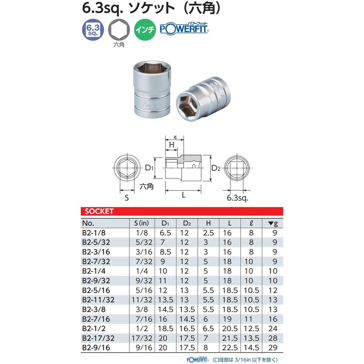 Kyoto Tools (KTC) Socket B2-1/4 Hex Socket Drive: 0.2 inches (6.3