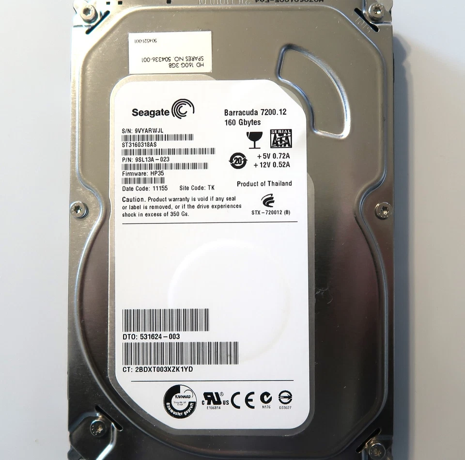 Seagate ST3160318AS 9SL13A-023 HP35 (9VYA) TK Thailand 3.5" 160gb Sata 10/2010 - Image 2 of 2