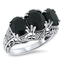 ART DECO STYLE BLACK AGATE THREE-STONE 925 SOLID STERLING SILVER RING   763X