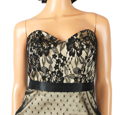 beige prom dress with black lace 1950s Black Lace and Chiffon over Cream Taffeta Party Prom Dress